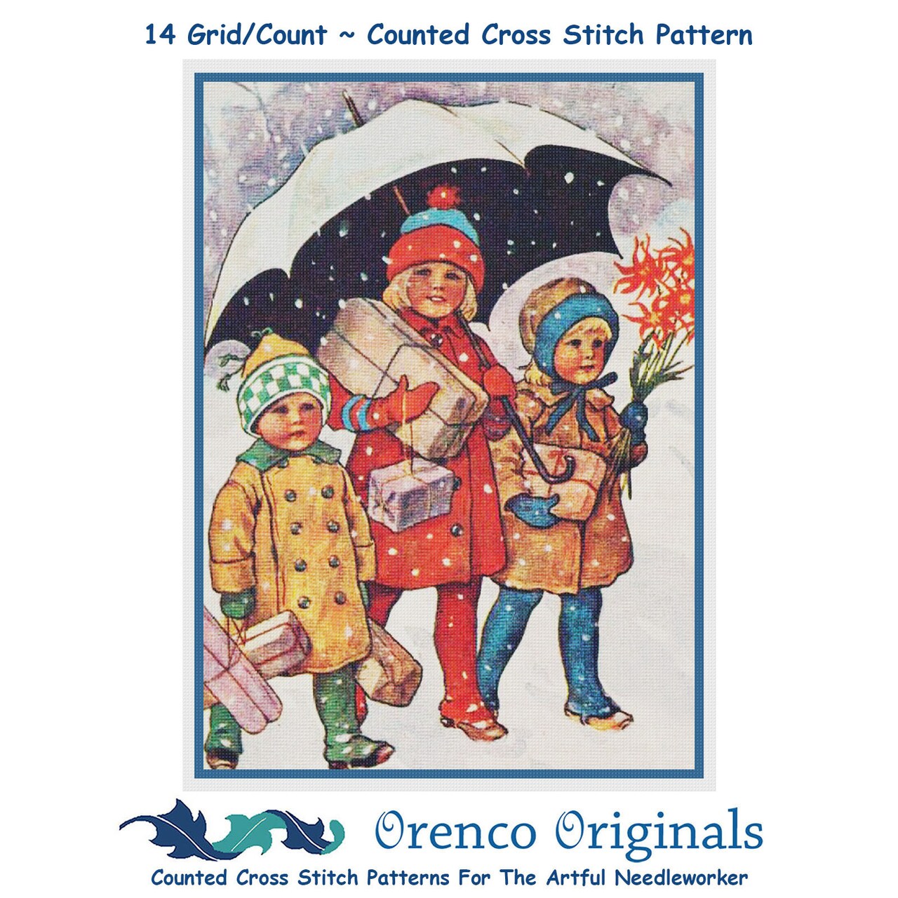Kids Presents Under Umbrella Jenny Nystrom Counted Cross Stitch Pattern